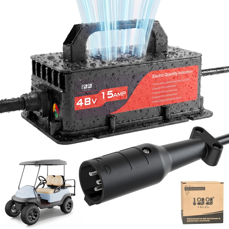 10L0L 48V golf cart charger front view showing compact design for easy charging