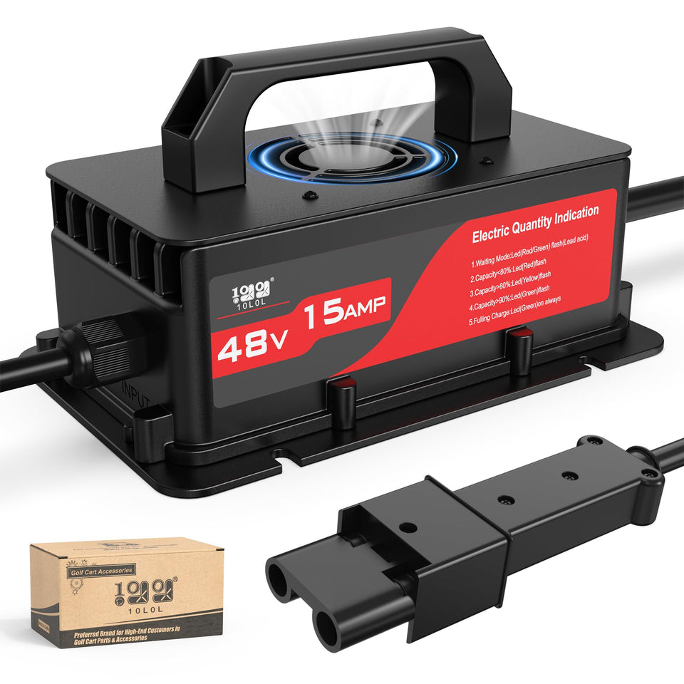 10L0L 48V golf cart charger front view emphasizes compact design and fast charge.