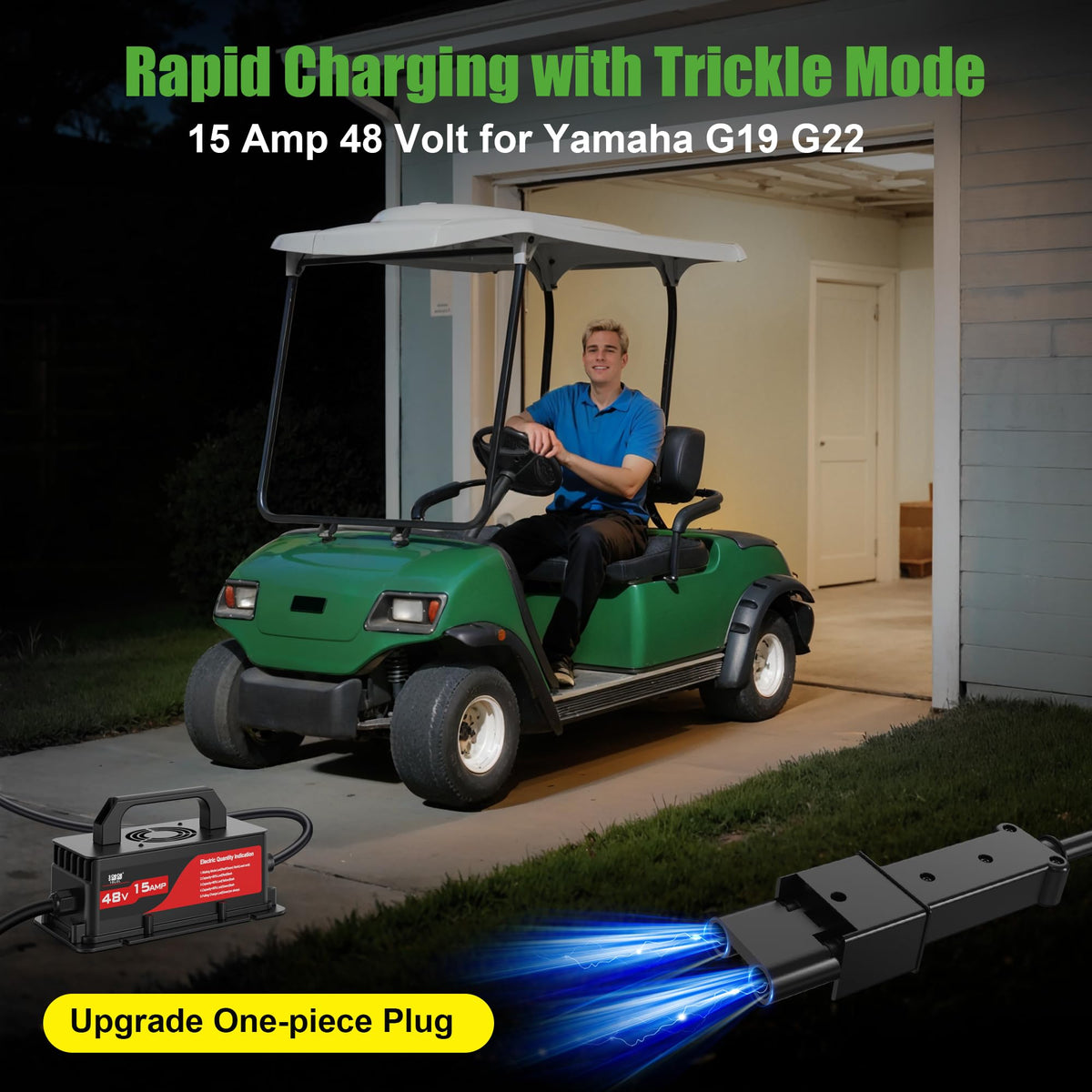 10L0L 48V golf cart charger side view highlights portability for on-the-go use.