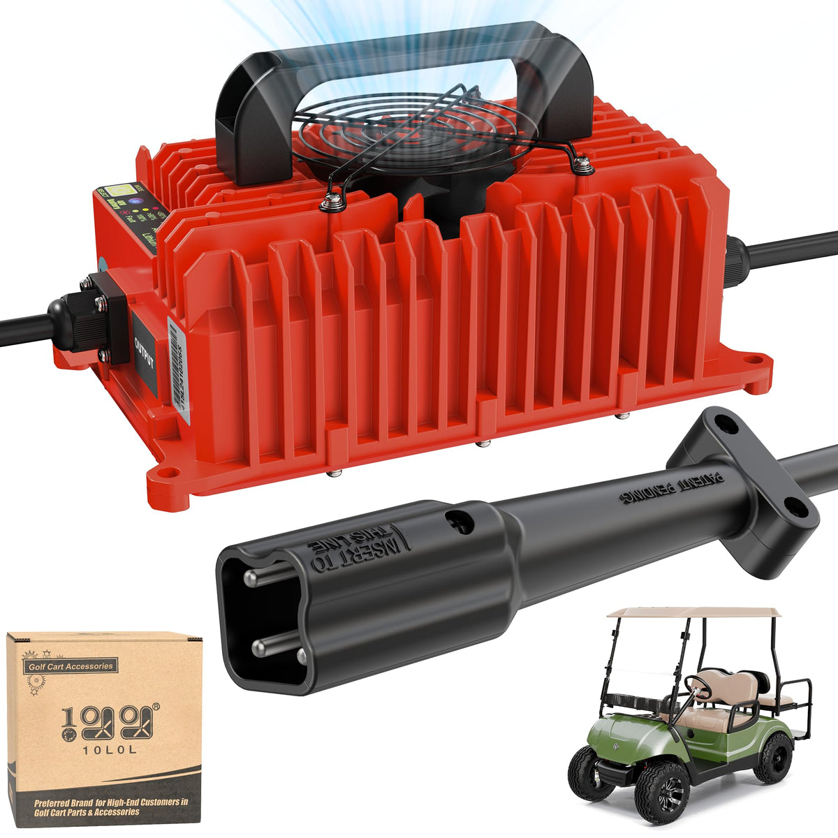 10L0L 48V golf cart charger with Yamaha Drive Plug close-up for easy setup