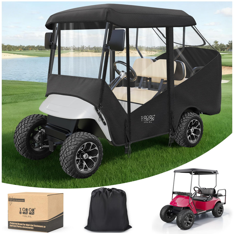 10L0L 4-passenger golf cart enclosure with 57 inch short roof improves weather protection.