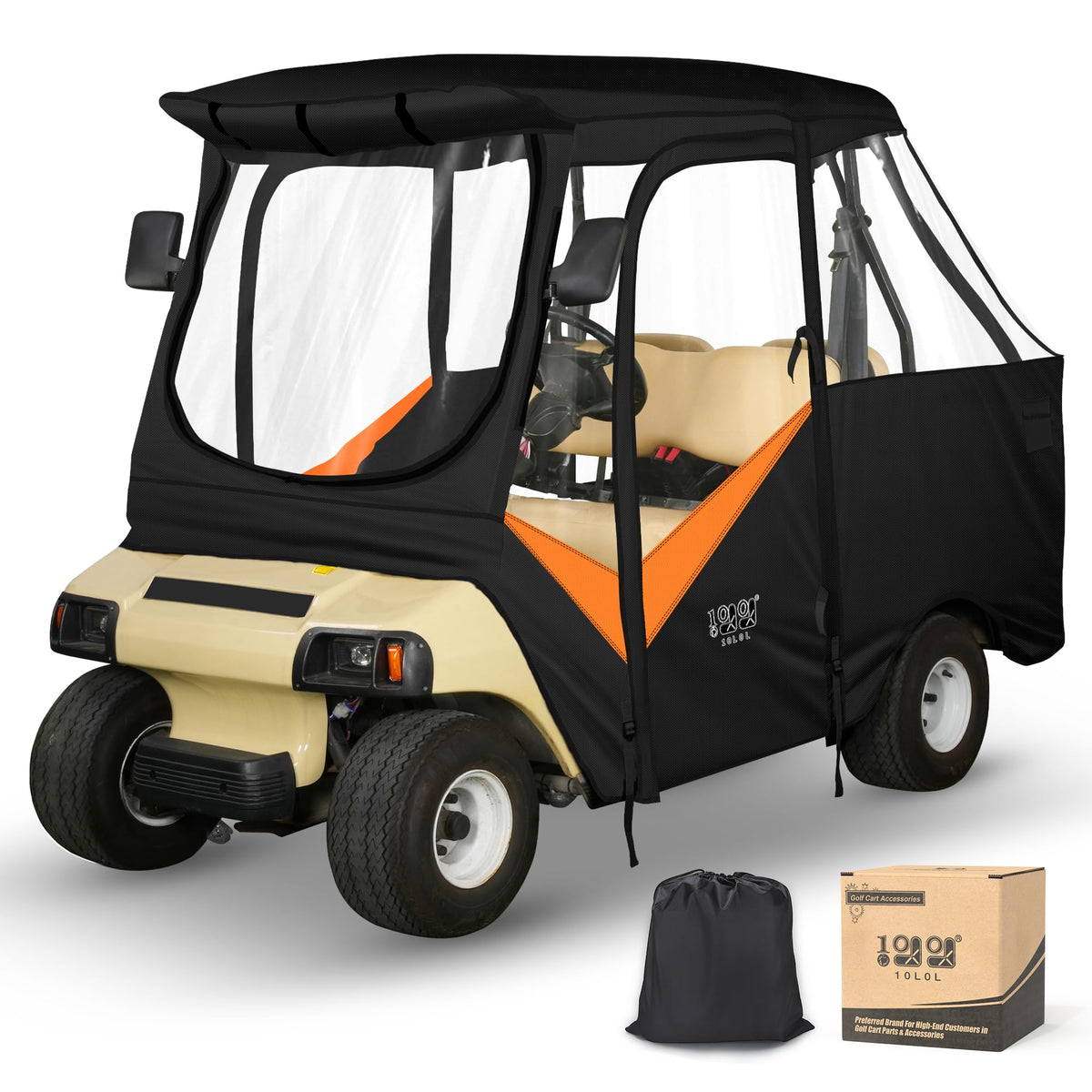 10L0L 4-pax golf cart enclosure front view with clear windows for all-weather visibility
