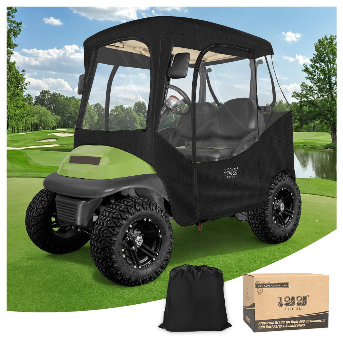 10L0L golf cart enclosure front view with clear window for all-weather visibility