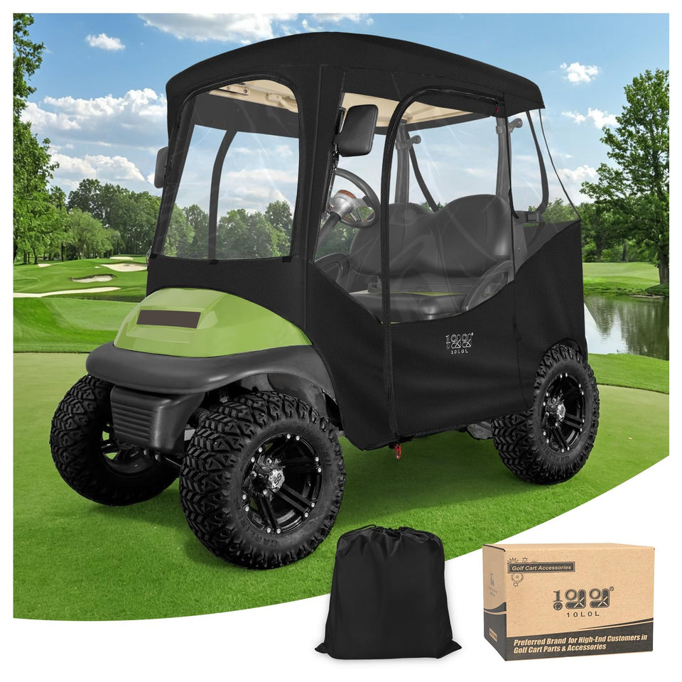 10L0L golf cart enclosure front view with clear window for all-weather visibility