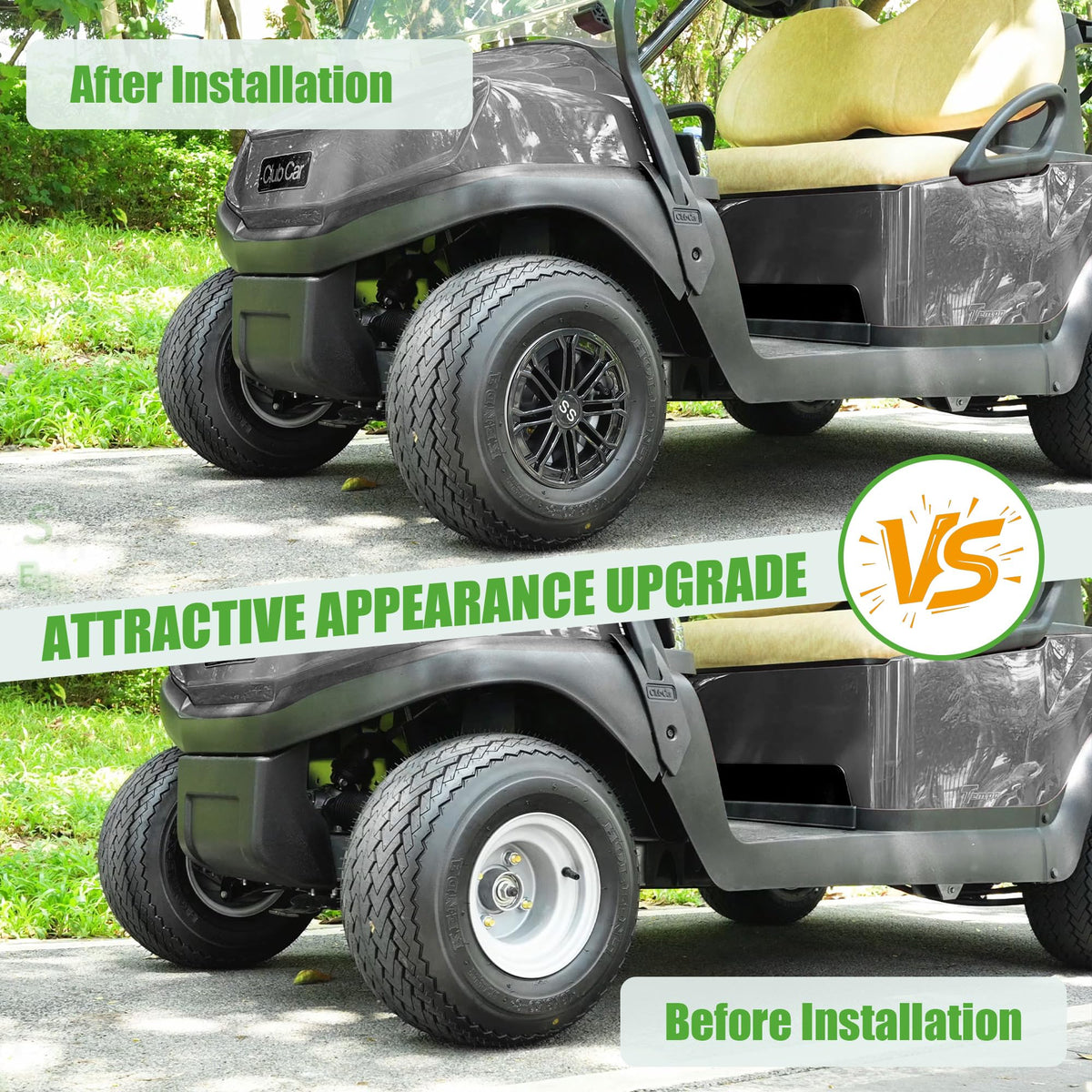10L0L 8-inch wheel cover set-4 installed on cart for a cohesive look.