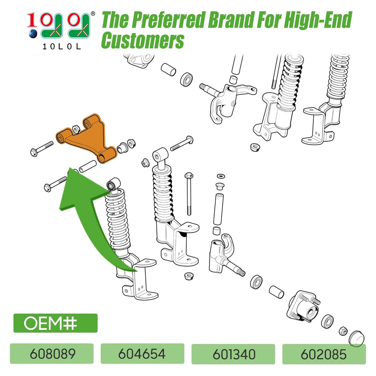10L0L A-arm bushing 601340 installed; reduces play and improves ride control.