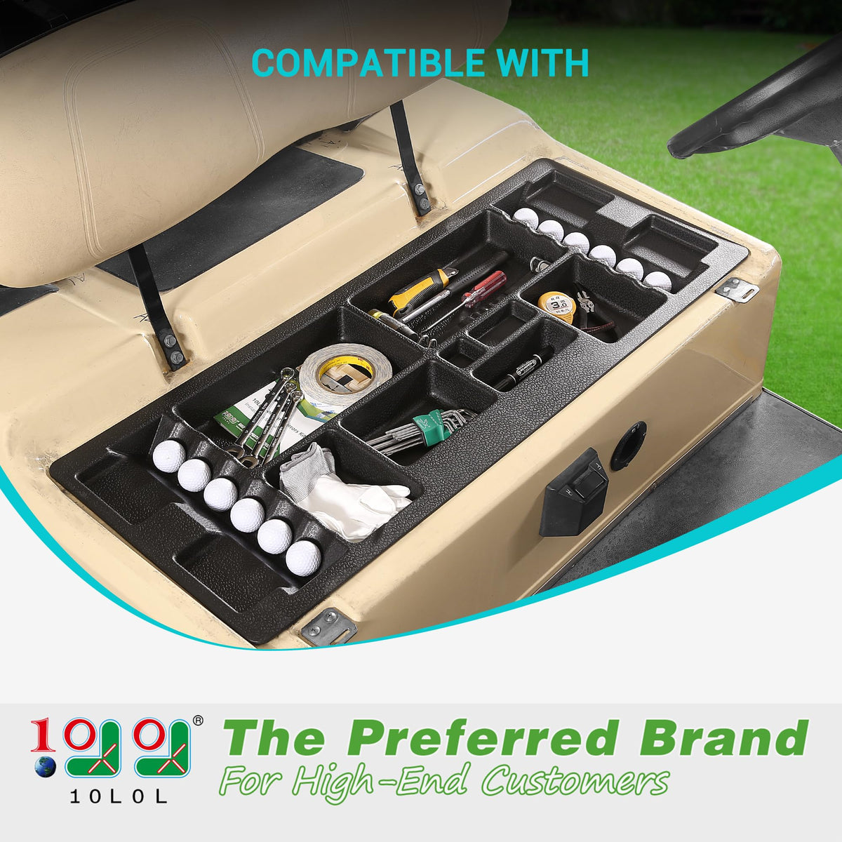 10L0L ABS under-seat tray material provides durable, odorless storage for your golf cart