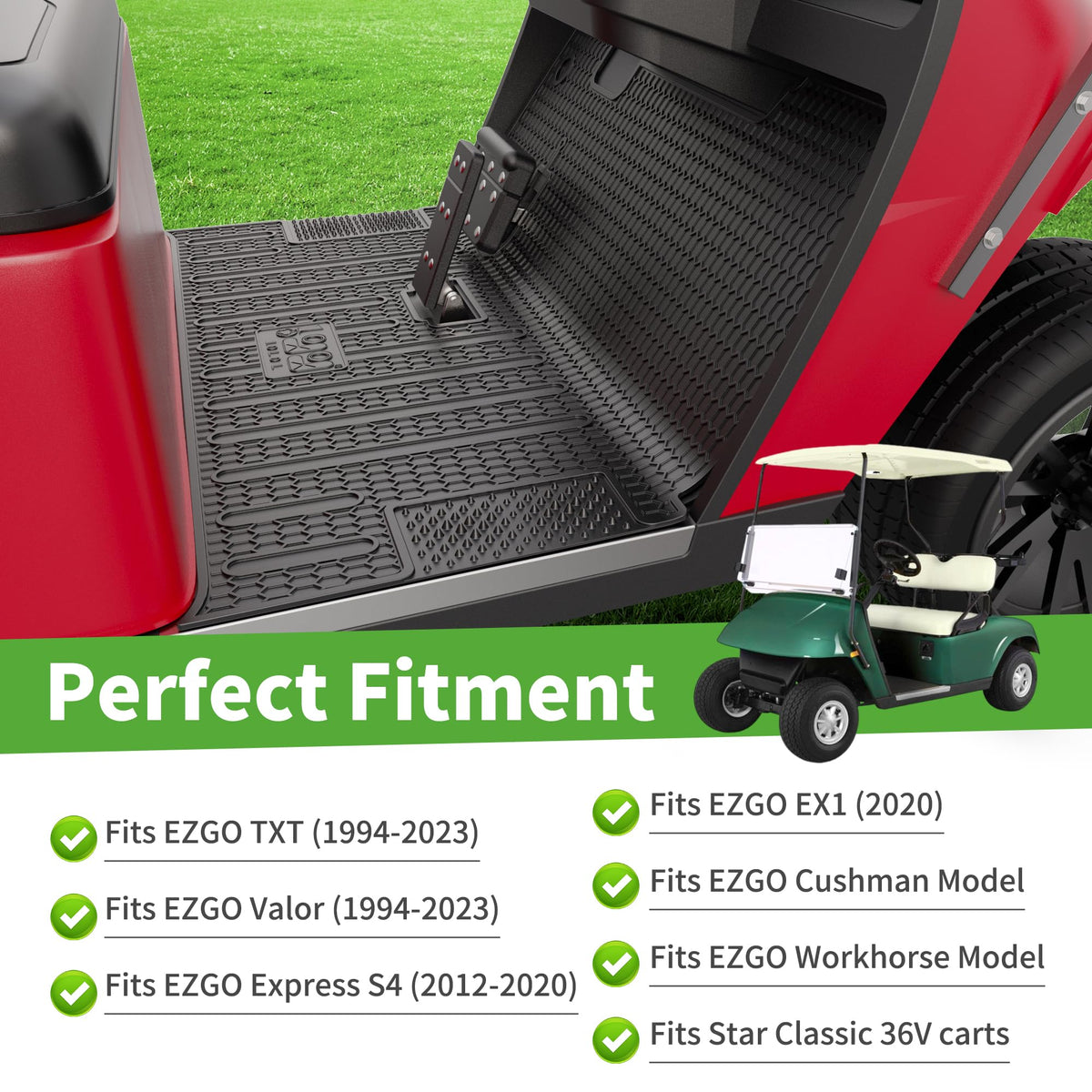 10L0L all-weather golf cart mat withstands mud, rain, and heat.