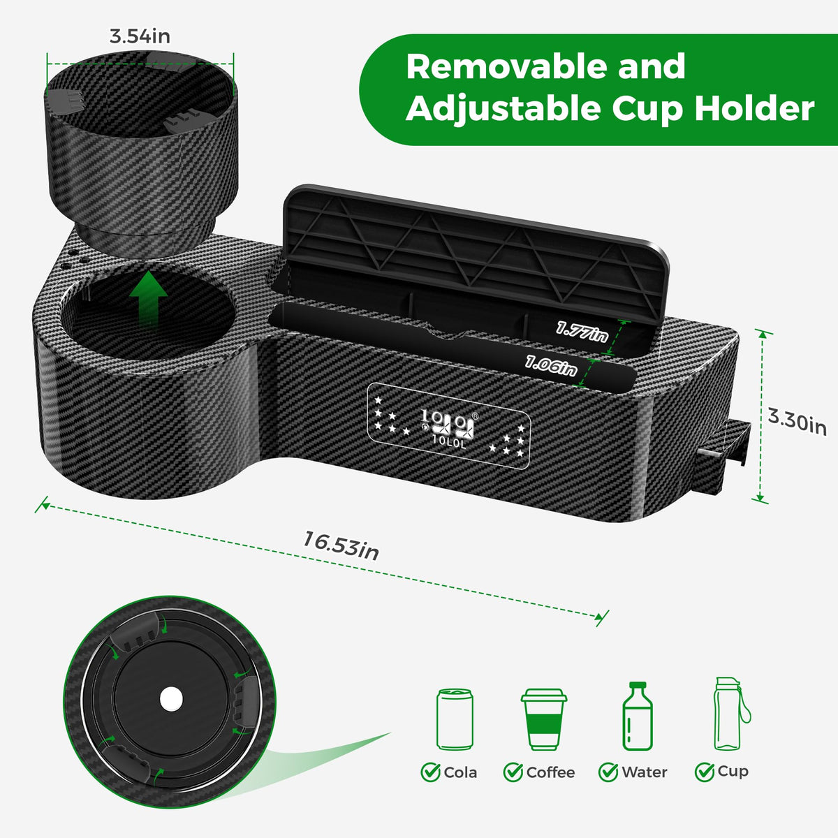 10L0L armrest with storage for tees and small items within reach.