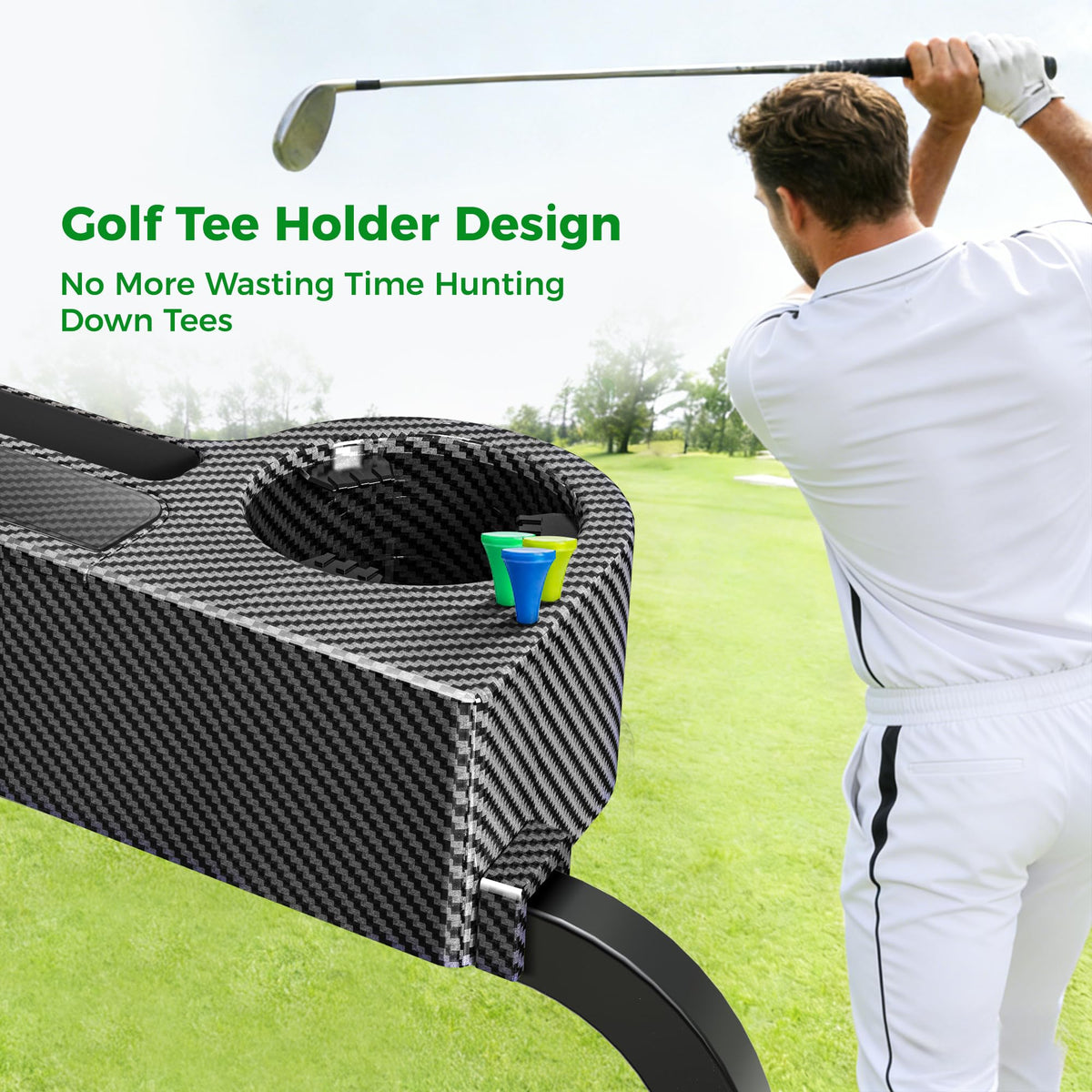 10L0L armrest includes golf tee and ball storage for quick access