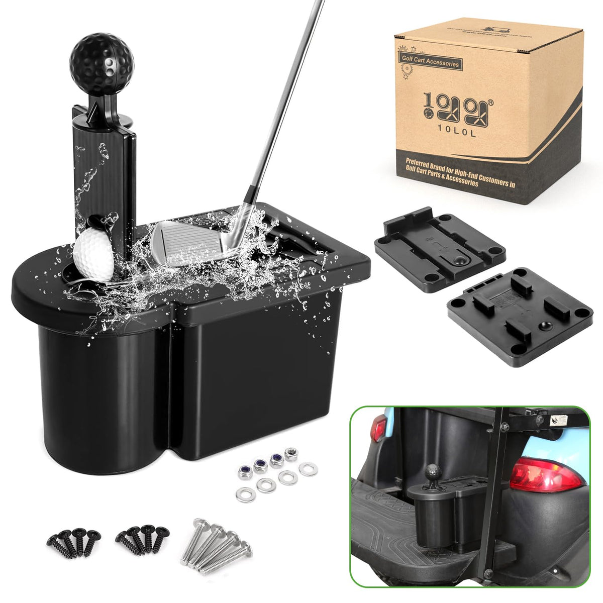 10L0L ball washer bracket removable installed on a golf cart for flexible cleaning.