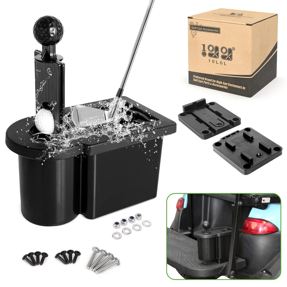 10L0L ball washer bracket removable installed on a golf cart for flexible cleaning.
