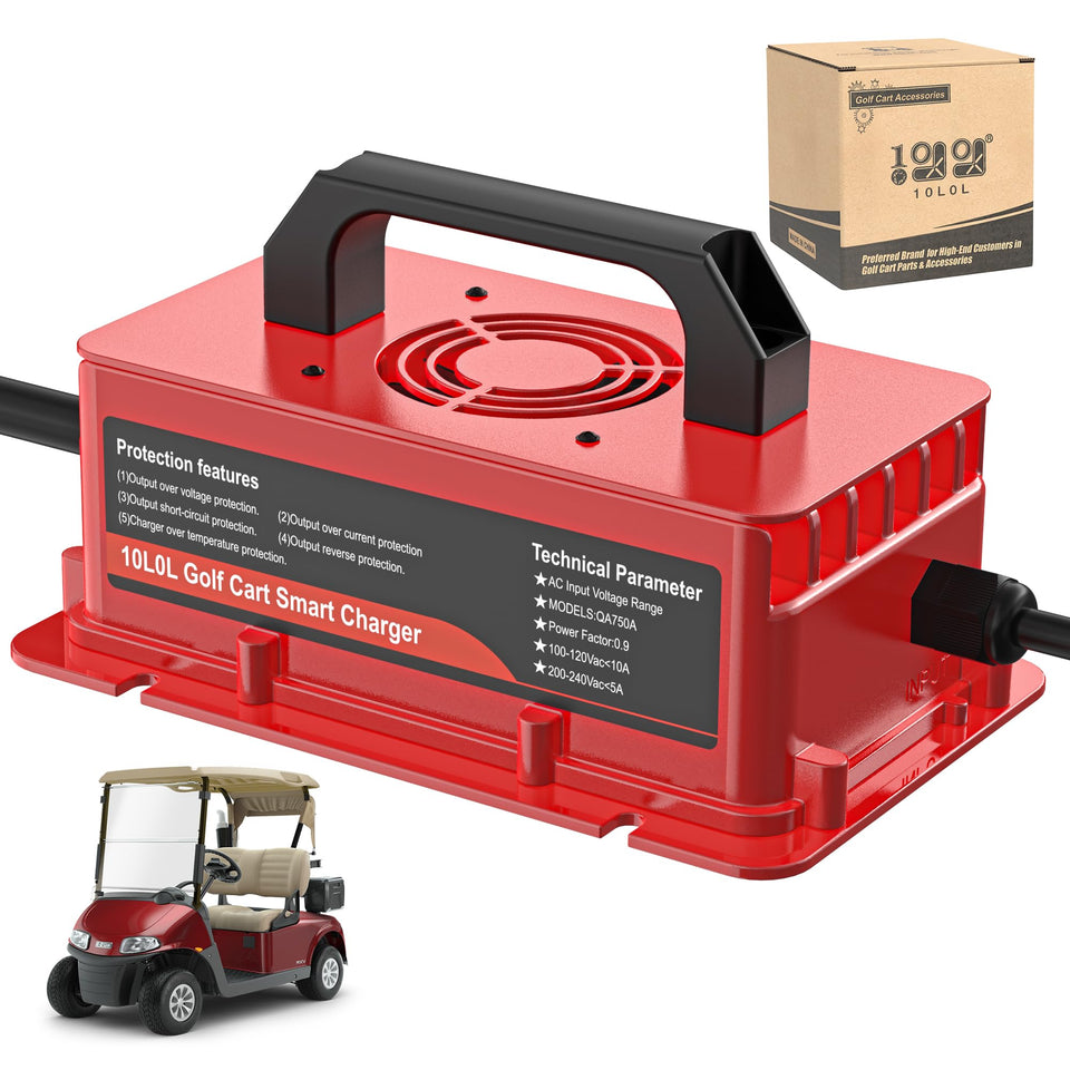 10L0L battery charger for EZGO RXV — front view with durable aluminum housing.