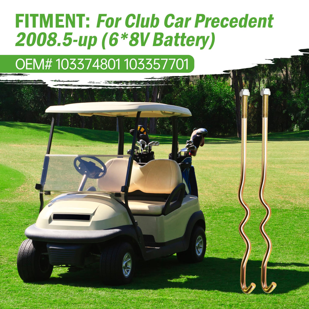 Hold down kit mounted on Club Car Precedent 2008.5-up 48V model ensuring alignment.