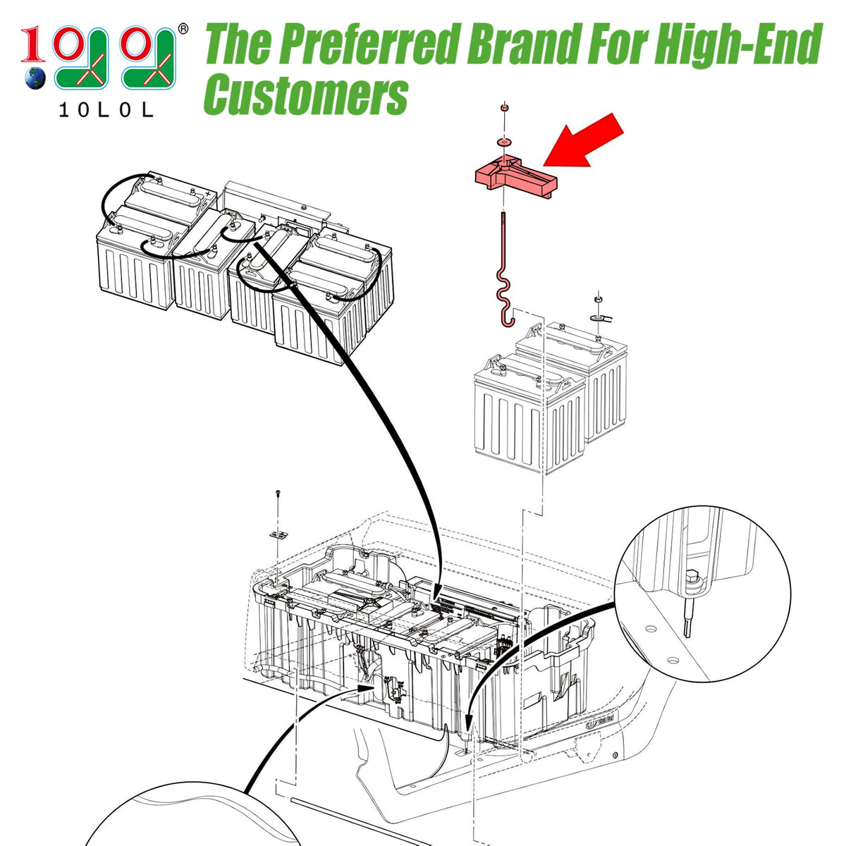 Zinc-plated steel construction of the hold down for durable battery retention.