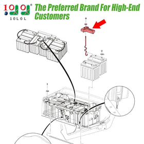 Zinc-plated steel construction of the hold down for durable battery retention.