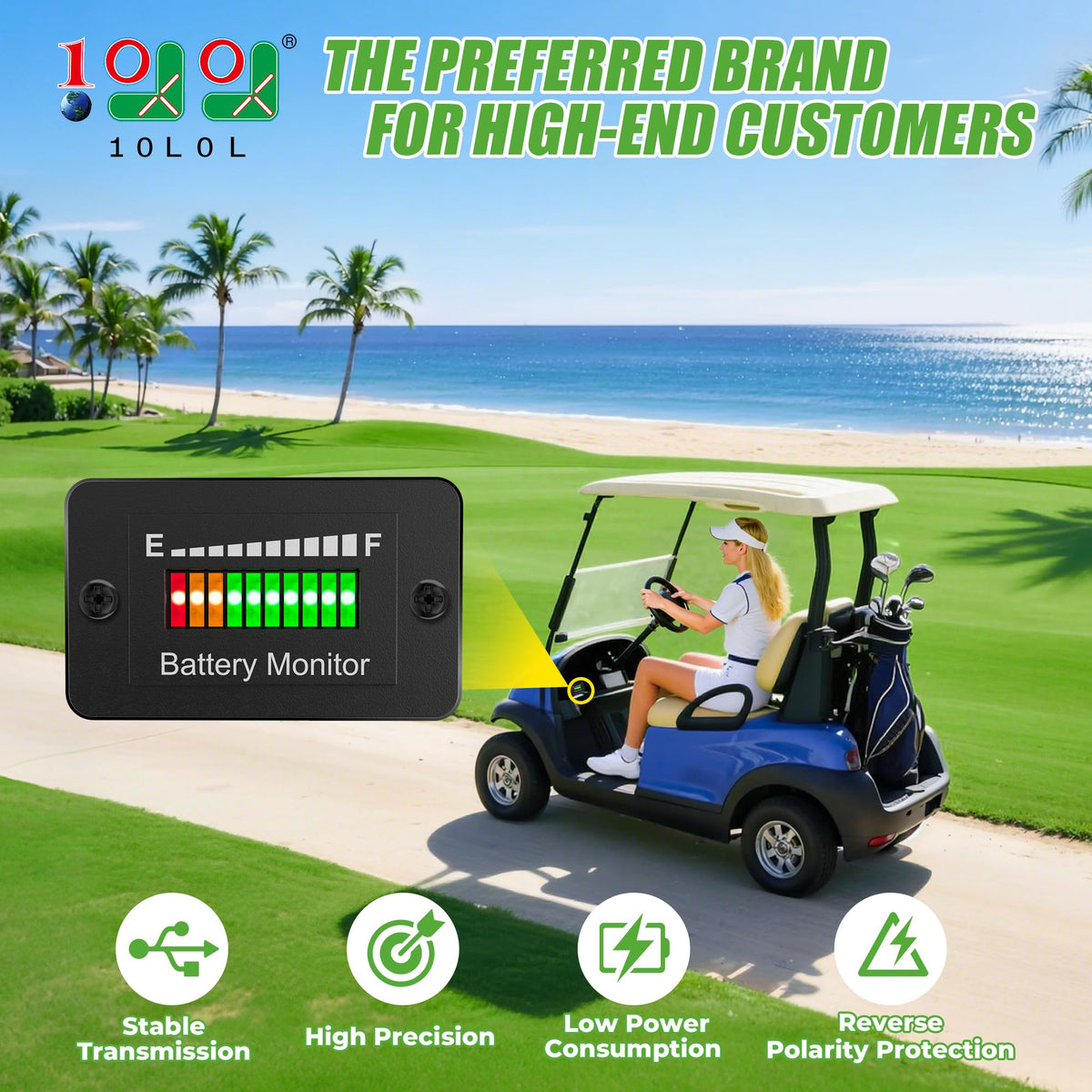 10L0L battery meter LED display shows charge level at a glance