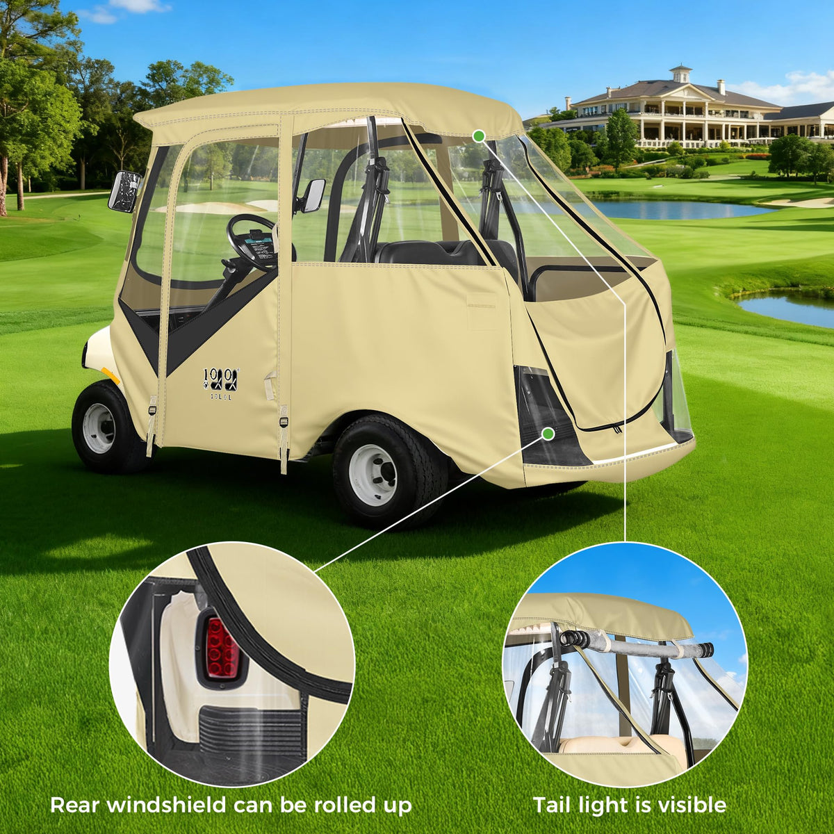 10L0L beige-gray enclosure demonstrates waterproof fabric on Club Car DS in outdoor use