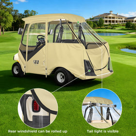 10L0L beige-gray enclosure demonstrates waterproof fabric on Club Car DS in outdoor use