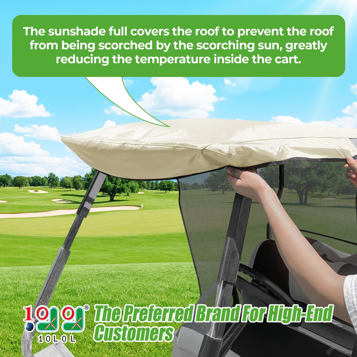 Beige 600D polyester sun shade material on golf cart