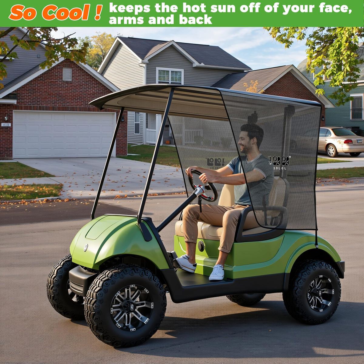 10L0L black sun shade installed on golf cart during day use