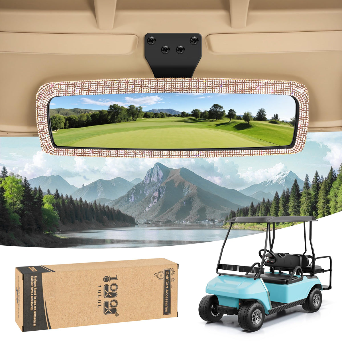 10L0L Bling golf cart mirror front view with crystal rhinestones for a luxe look