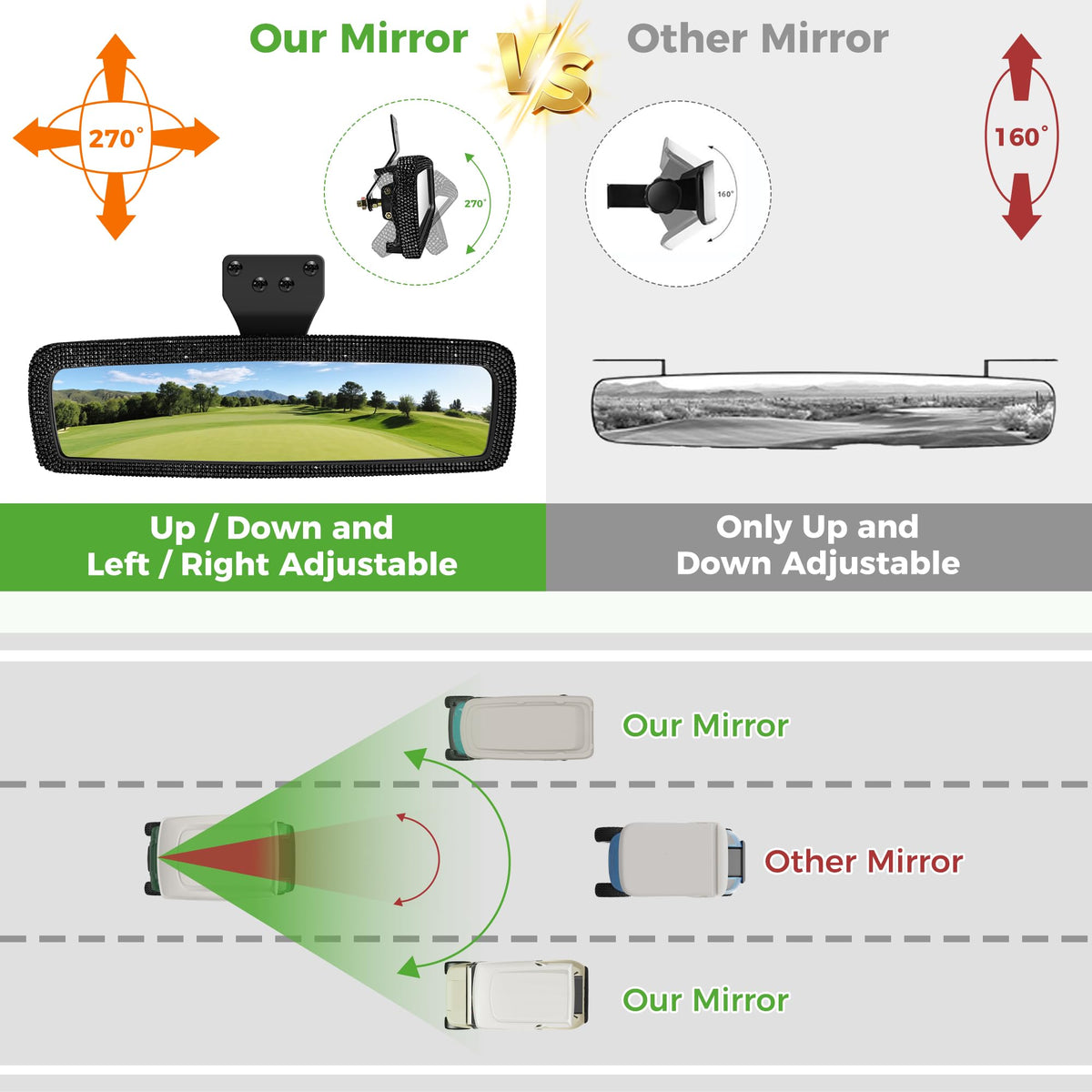 10L0L convex-lens rhinestone mirror delivers a broad field of view for safer reversing
