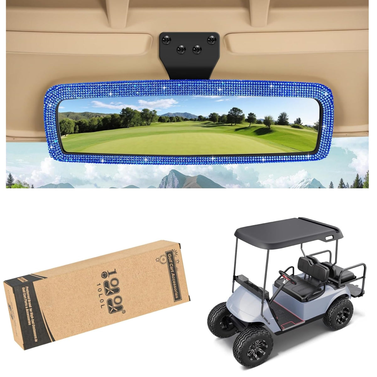 10L0L Bling Rhinestone mirror front view highlighting crystal sparkle for EZGO, Club Car, Yamaha.