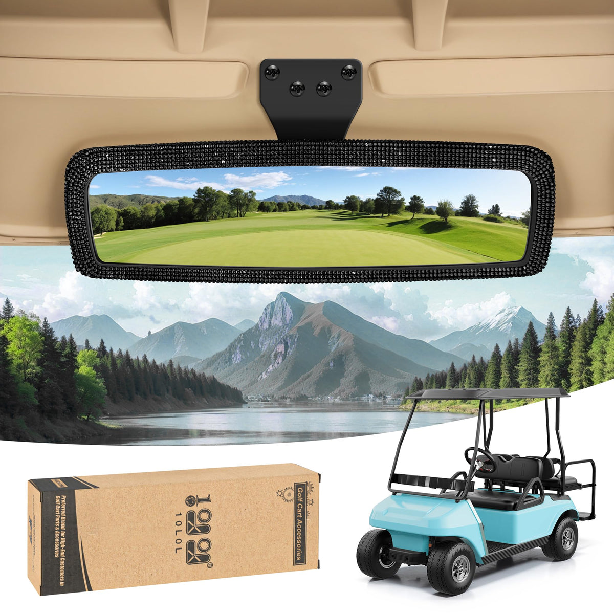 10L0L bling rhinestone golf cart mirror on Yamaha enhances reverse visibility with luxury sparkle