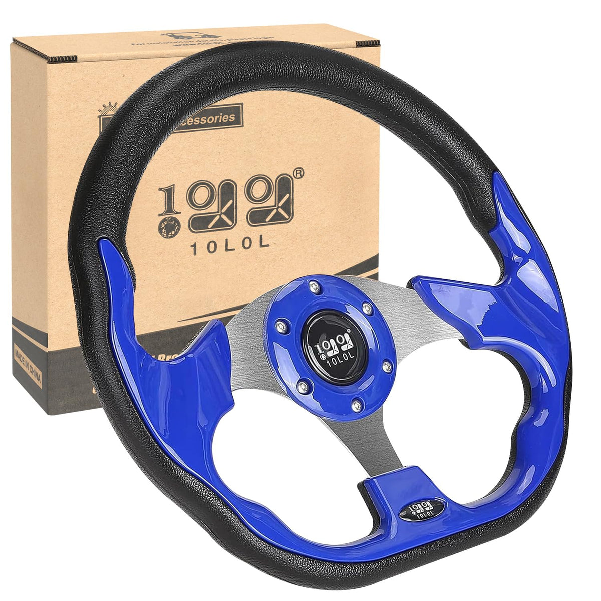 10L0L blue steering wheel fits Yamaha, EZGO, and Club Car for smoother control.