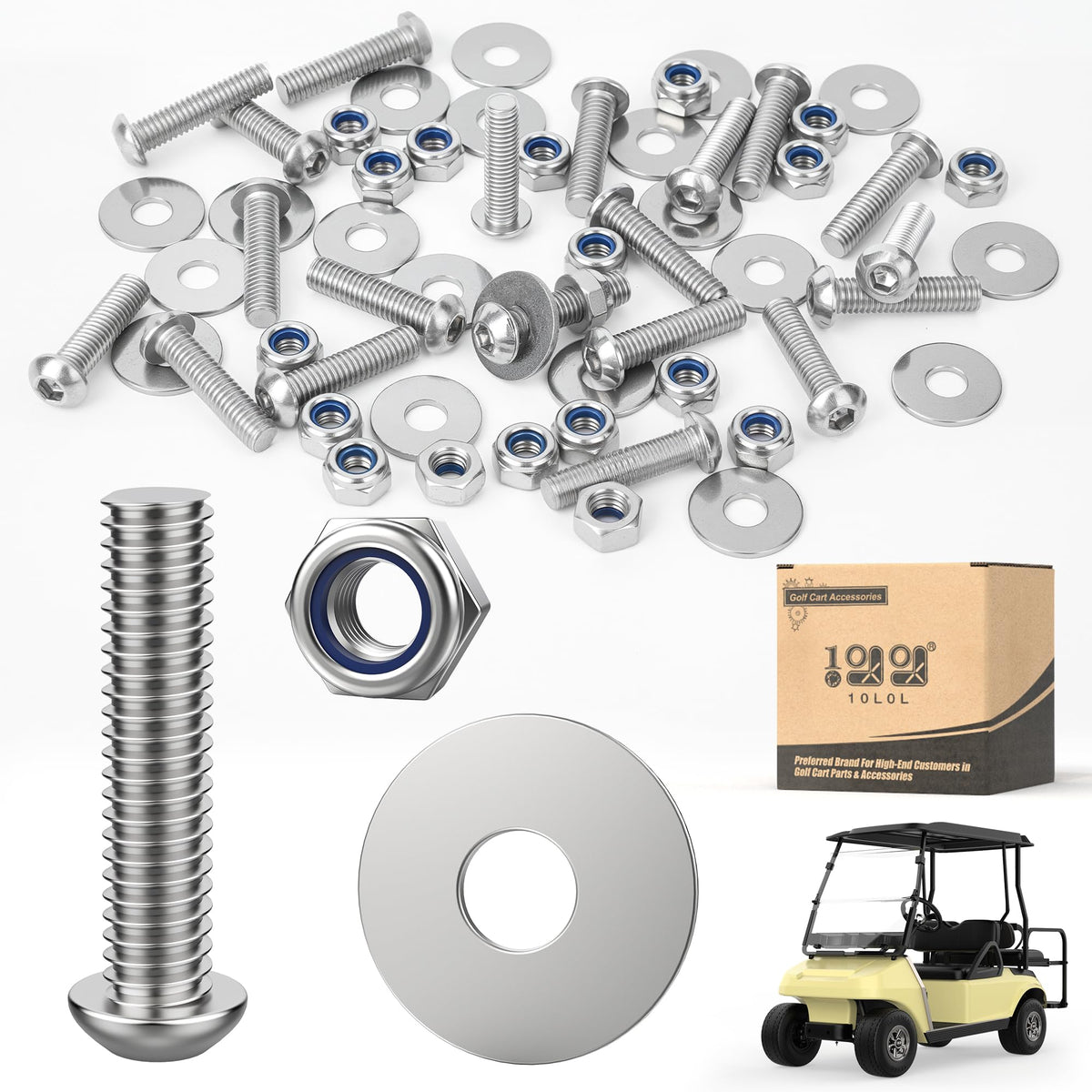 10L0L bolts with washers and NyLok nuts securing golf cart fender flares for EZGO/Club Car/Yamaha