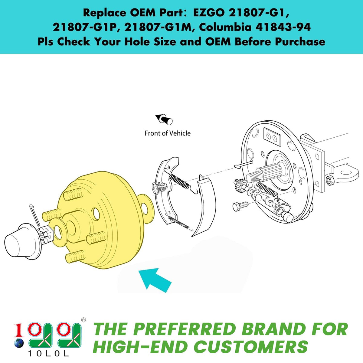 10L0L brake drum with 30-teeth spline for EZGO RXV and Marathon models, stable rear braking.