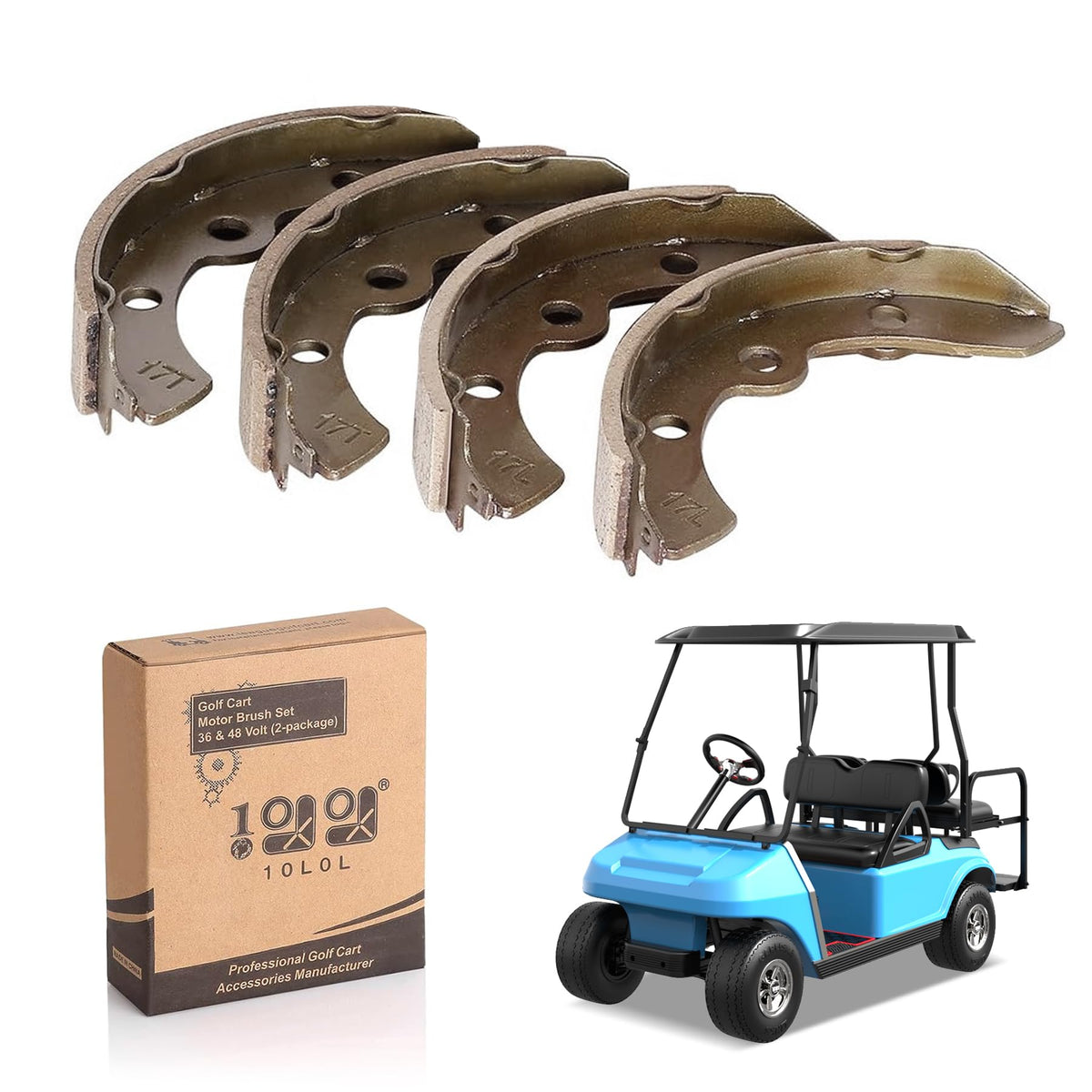 10L0L brake shoes kit front view shows 2 short and 2 long for Club Car compatibility