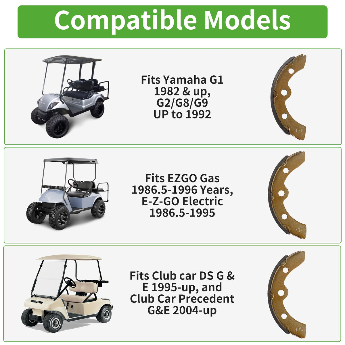 10L0L brake shoes for Club Car Precedent rear view for consistent performance.