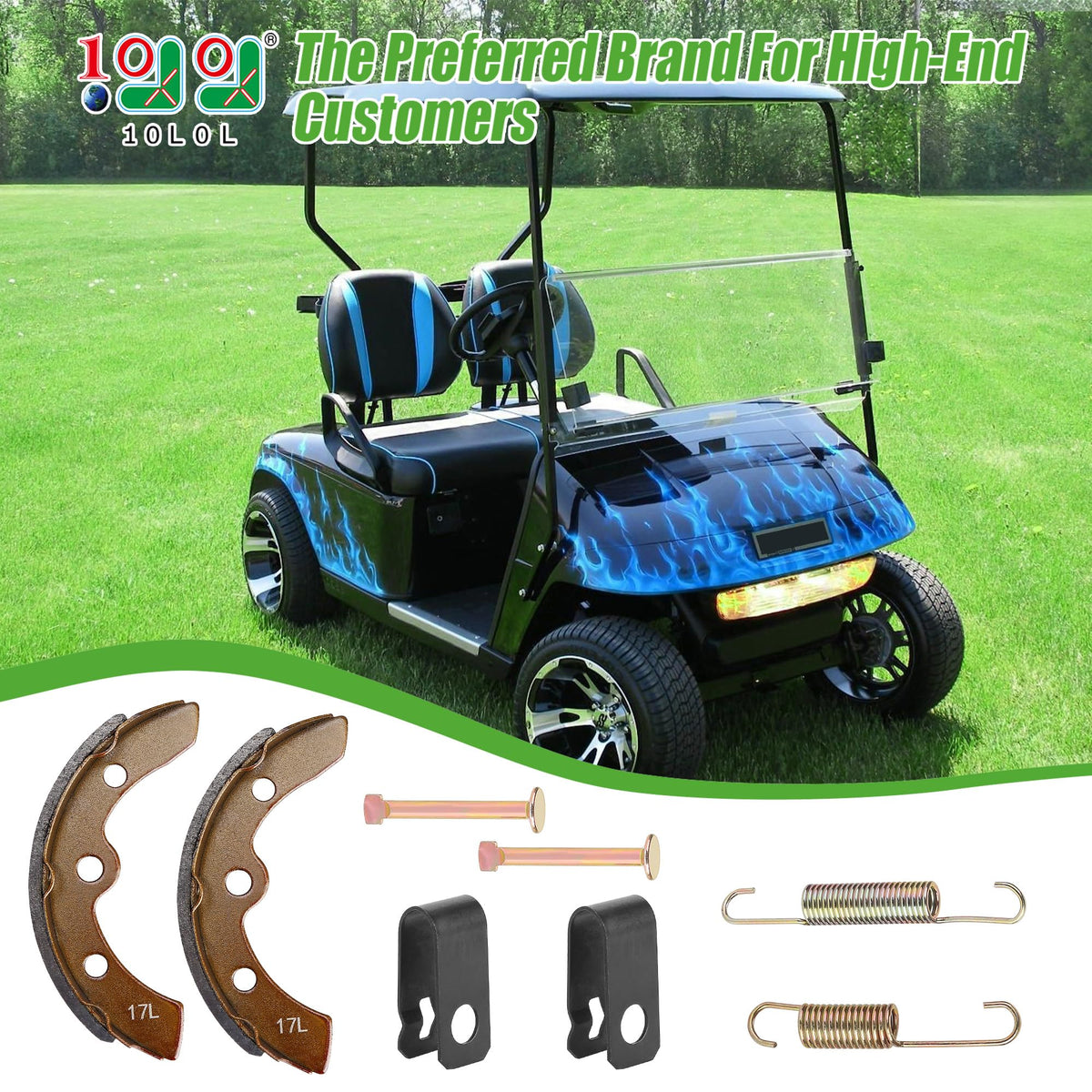 10L0L brake shoes kit packaging shows ready-to-install safety upgrade for carts.