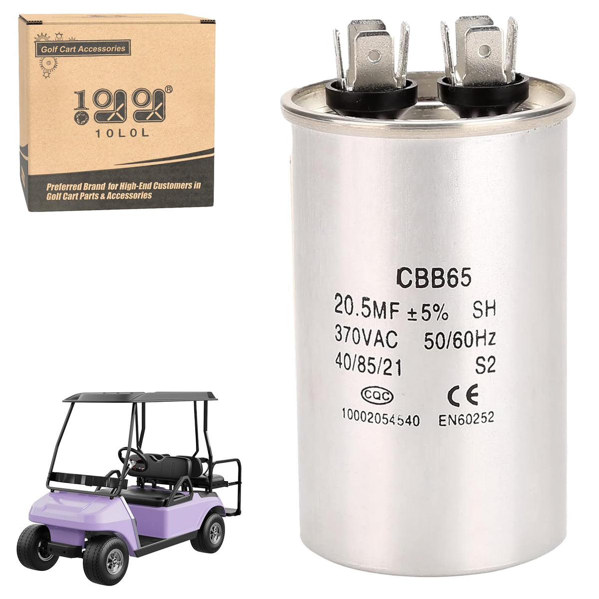 10L0L capacitor front view shows 20.5 MFD, ready for 370 VAC golf cart charging.