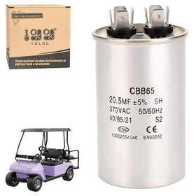 10L0L capacitor front view shows 20.5 MFD, ready for 370 VAC golf cart charging.