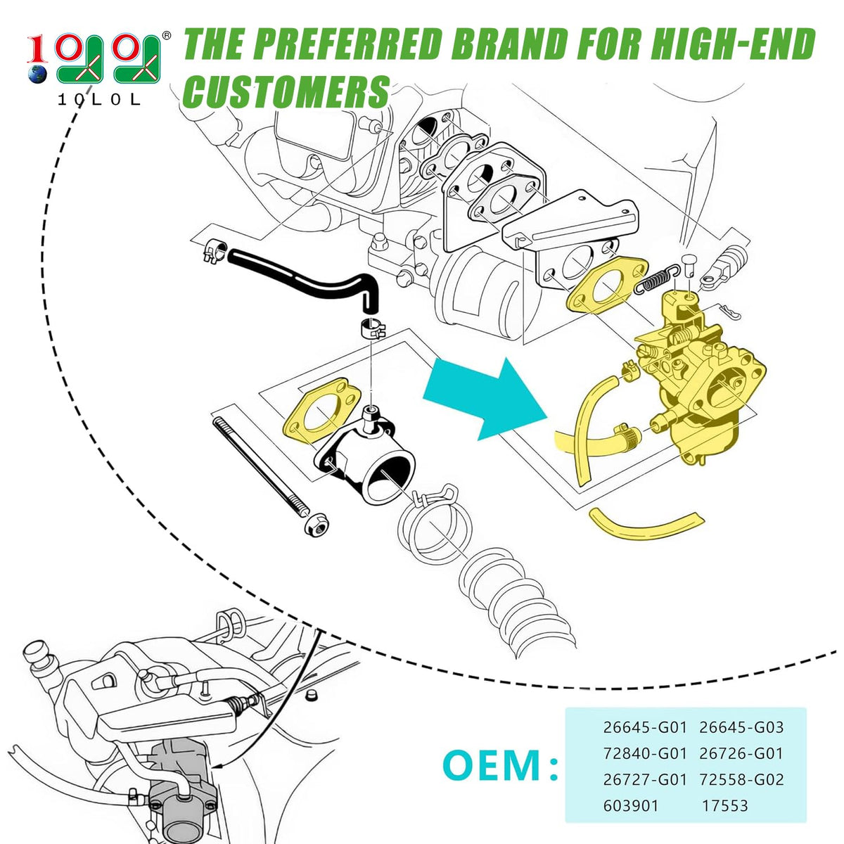 10L0L carburetor kit components laid out for easy DIY maintenance on EZGO carts