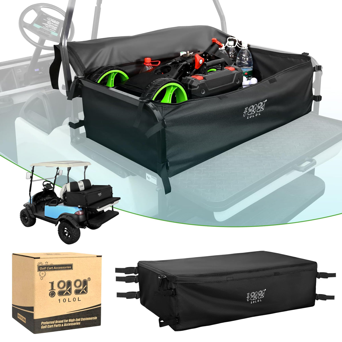 10L0L cargo bag on a golf cart adds extra storage space
