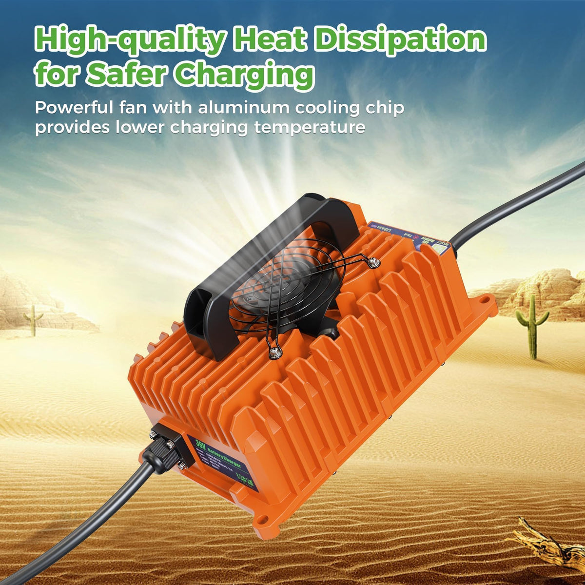 IP67 rated weatherproof design of the 10L0L EZGO TXT charger in outdoor setting