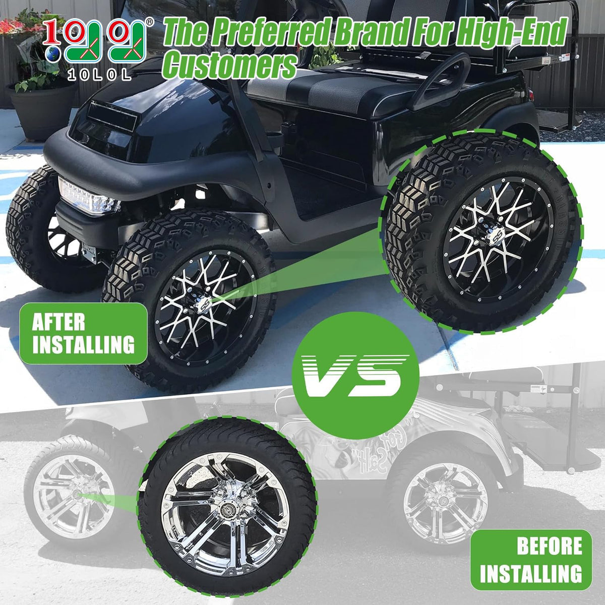 10L0L chrome center cap cover mounted on golf cart wheel for upgrade.