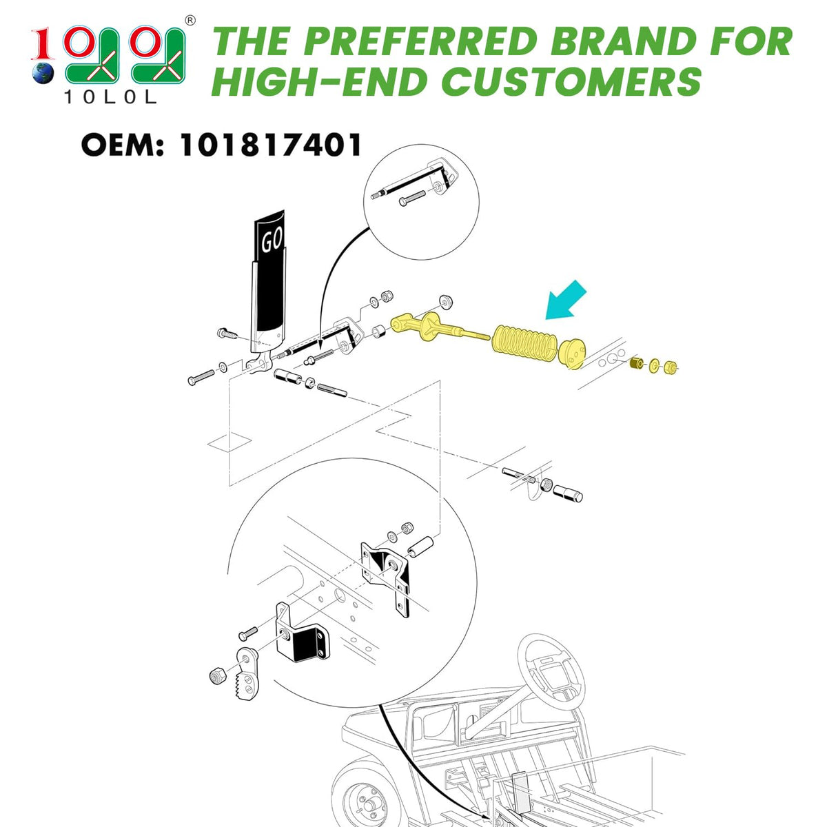 Close-up of 10L0L Club Car DS assembly showing essential components for install.