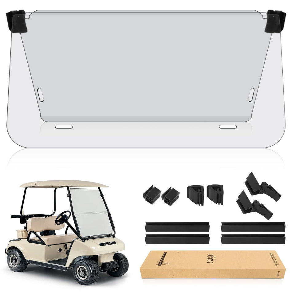 10L0L Club Car DS windshield front view provides clear visibility and weather protection.