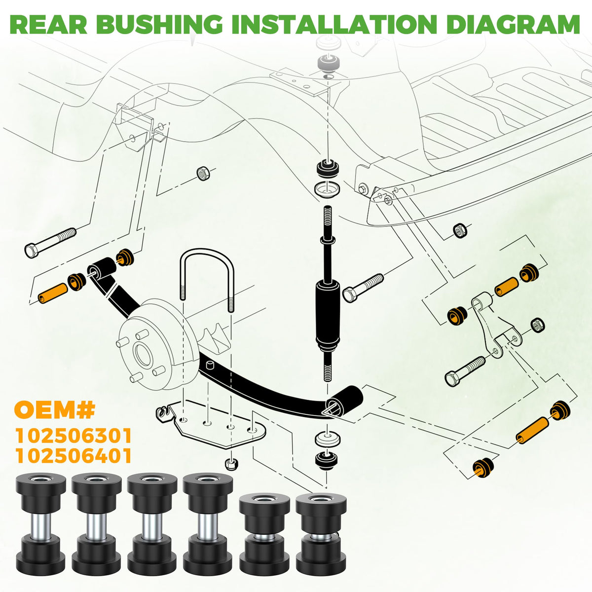 10L0L Club Car Precedent durable rubber and urethane bushings dampen noise.