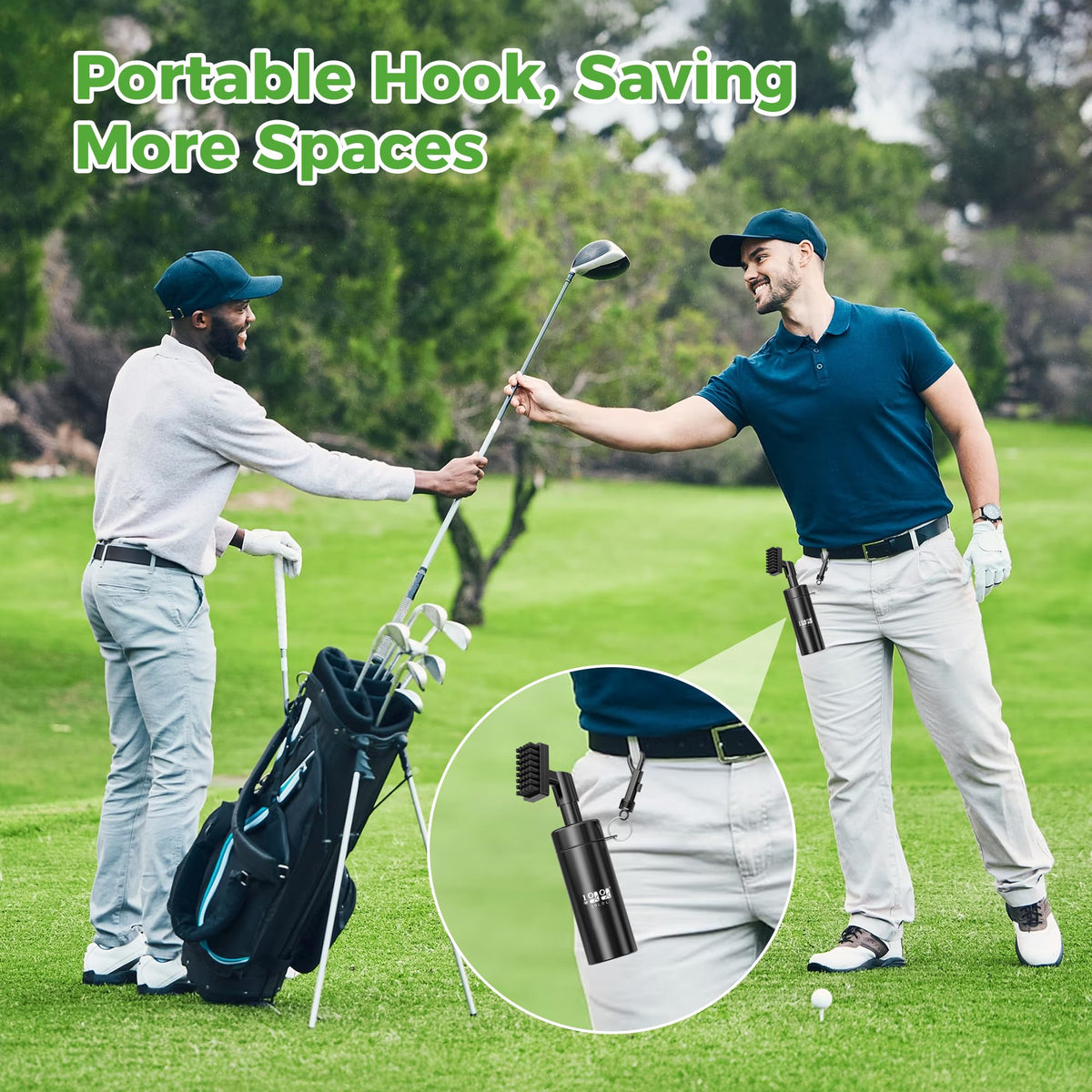 10L0L Compact cleaning kit clipped to golf bag for easy access.