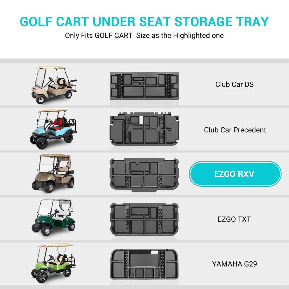 Compact storage solution under the seat keeps the golf cart organized