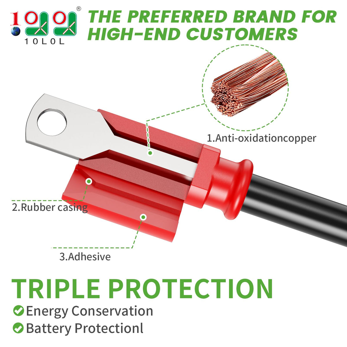 10L0L copper ring terminals provide secure, corrosion-resistant battery connections.