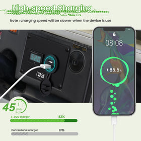 10L0L dash panel in use on a golf cart, ready for charging and monitoring