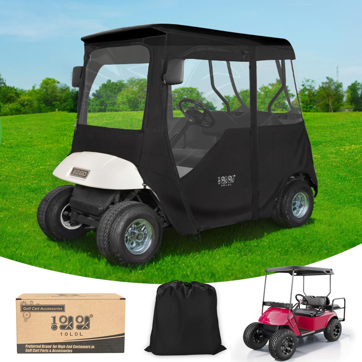 10L0L deluxe 2-seat enclosure front view for EZGO TXT/RXV with clear windows