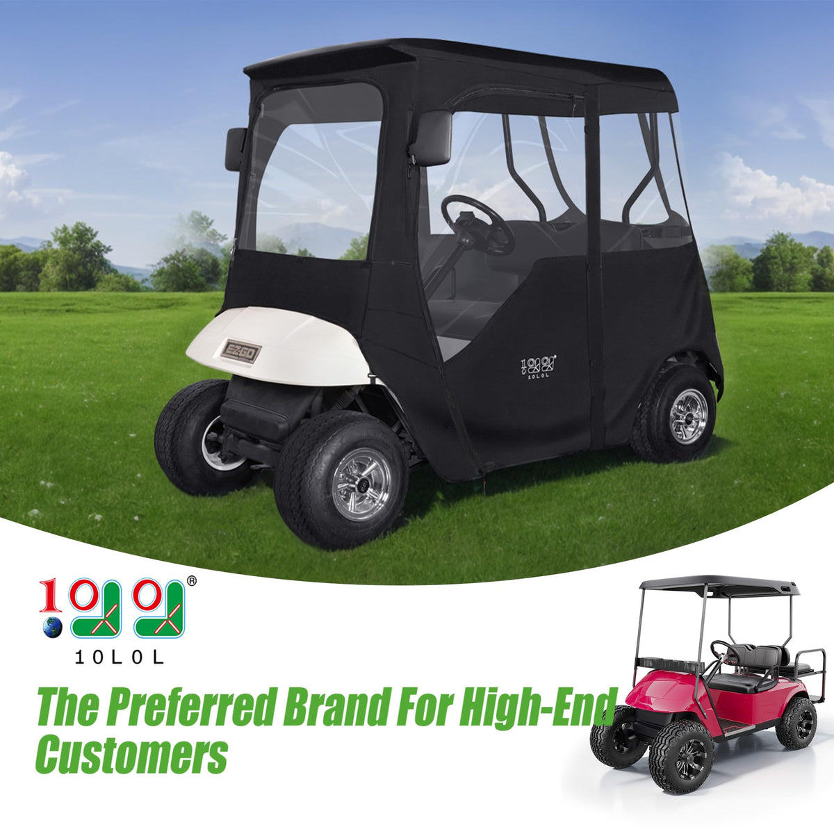 10L0L EZGO enclosure side view shows zipper doors for easy entry